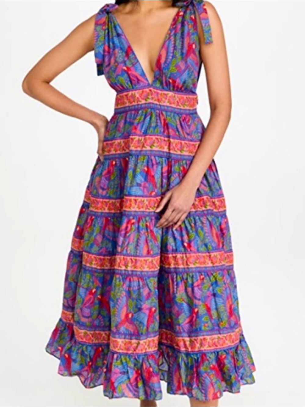 FARM Rio Blue Floral & Parrot Tiered Maxi Dress with Tie Straps - Picture 2 of 4